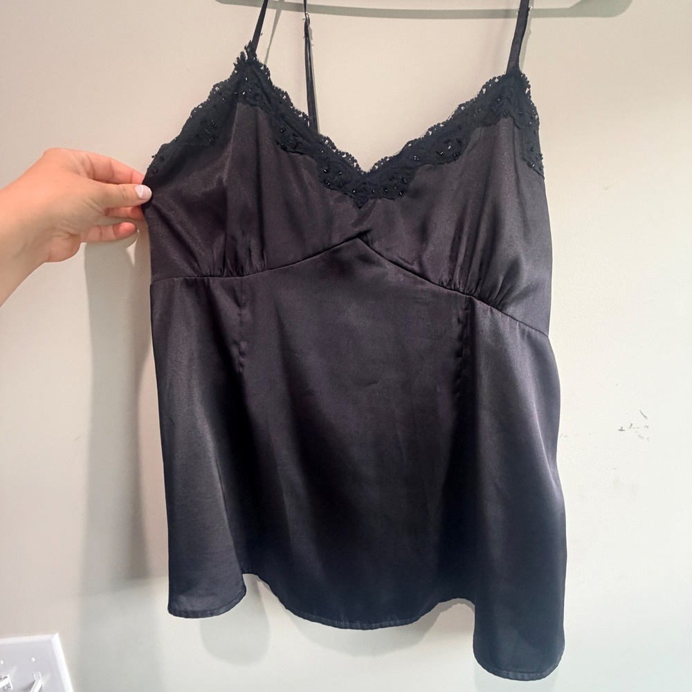 VTG Lace Beaded Cami Top Women XL Black Satin Coquette Goth Layering Whimsigoth‎